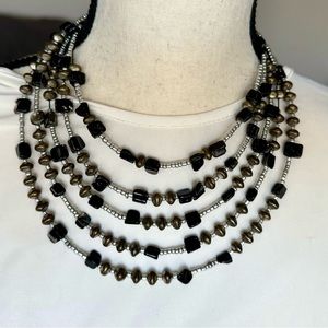 Necklace, 5 strand layered wire, shell bead black, gray, silver jewelry